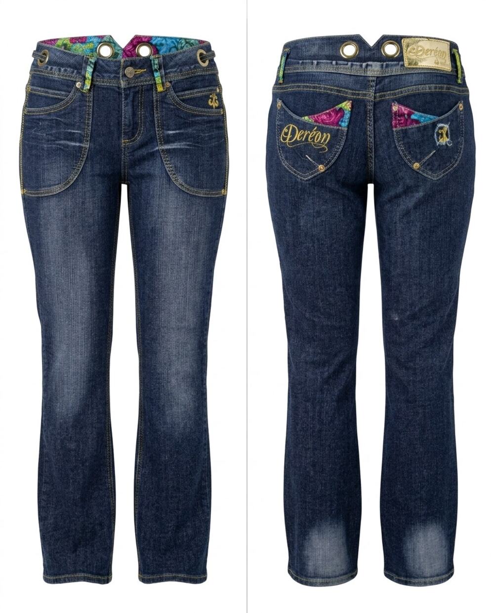 Dereon Labels Blue Bootcut Dark Wash Denim Embroidered Jeans Women Size 7/8